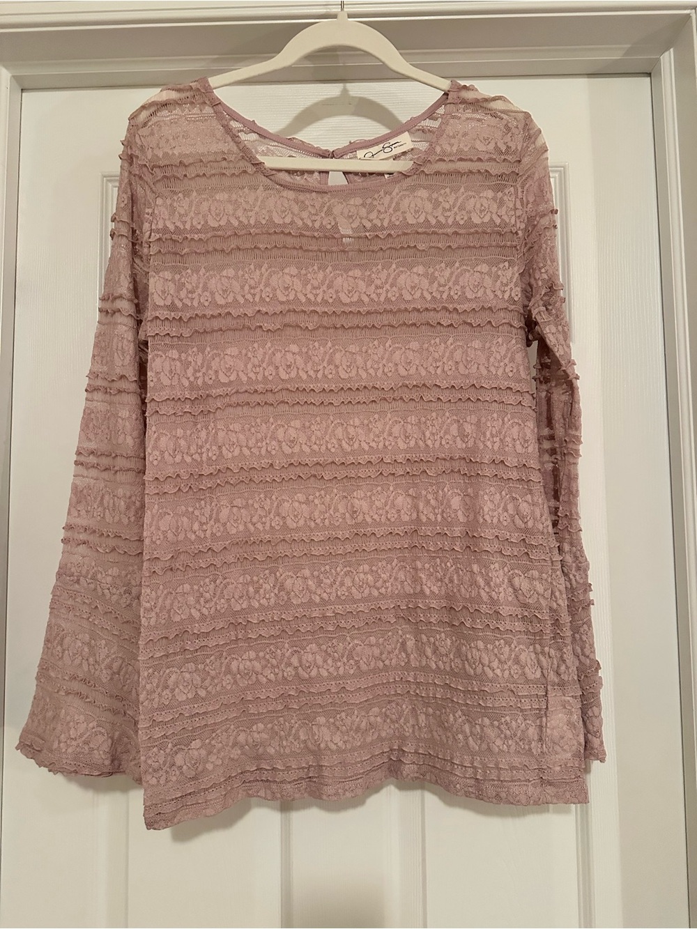Jessica Simpson Maternity Pink Floral Lace Sheer Bell Sleeve Blouse Blush Pink L